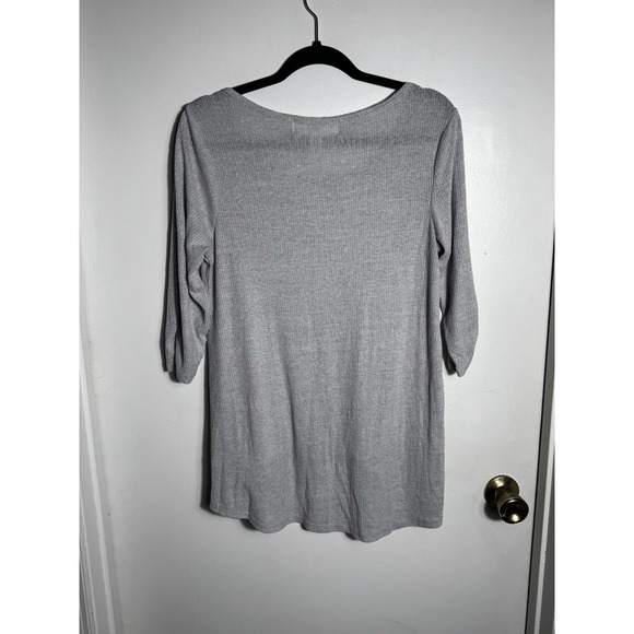 French Laundry Women's Gray Ribbed Top Lace Hem 3/4 Sleeve Scoop Neck Shirt Med - Picture 2 of 9